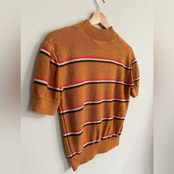 Free People Retro Mock Burnt Orange Black/White Striped Linen Blend Sweater SML - Picture 4 of 8